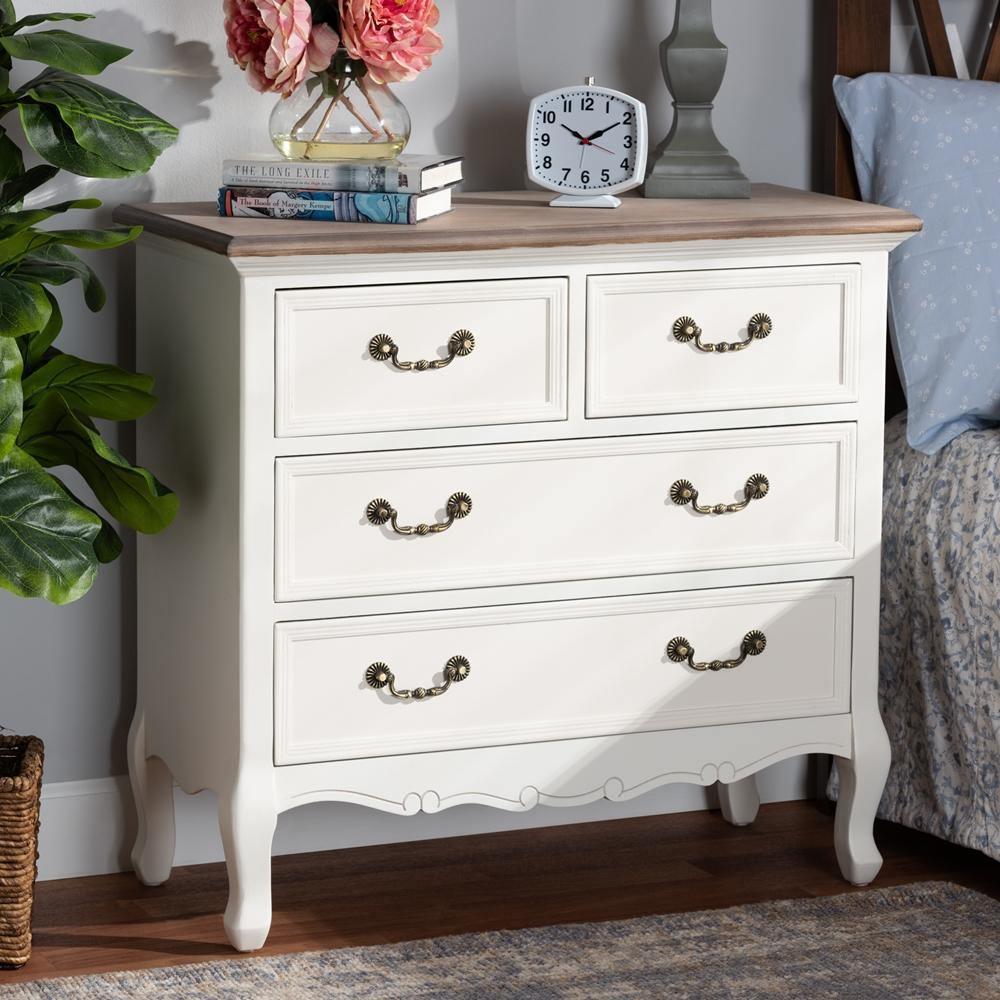 Amalie Antique French Country Cottage Two-Tone White and Oak Finished 4-Drawer Accent Storage Cabinet FredCo