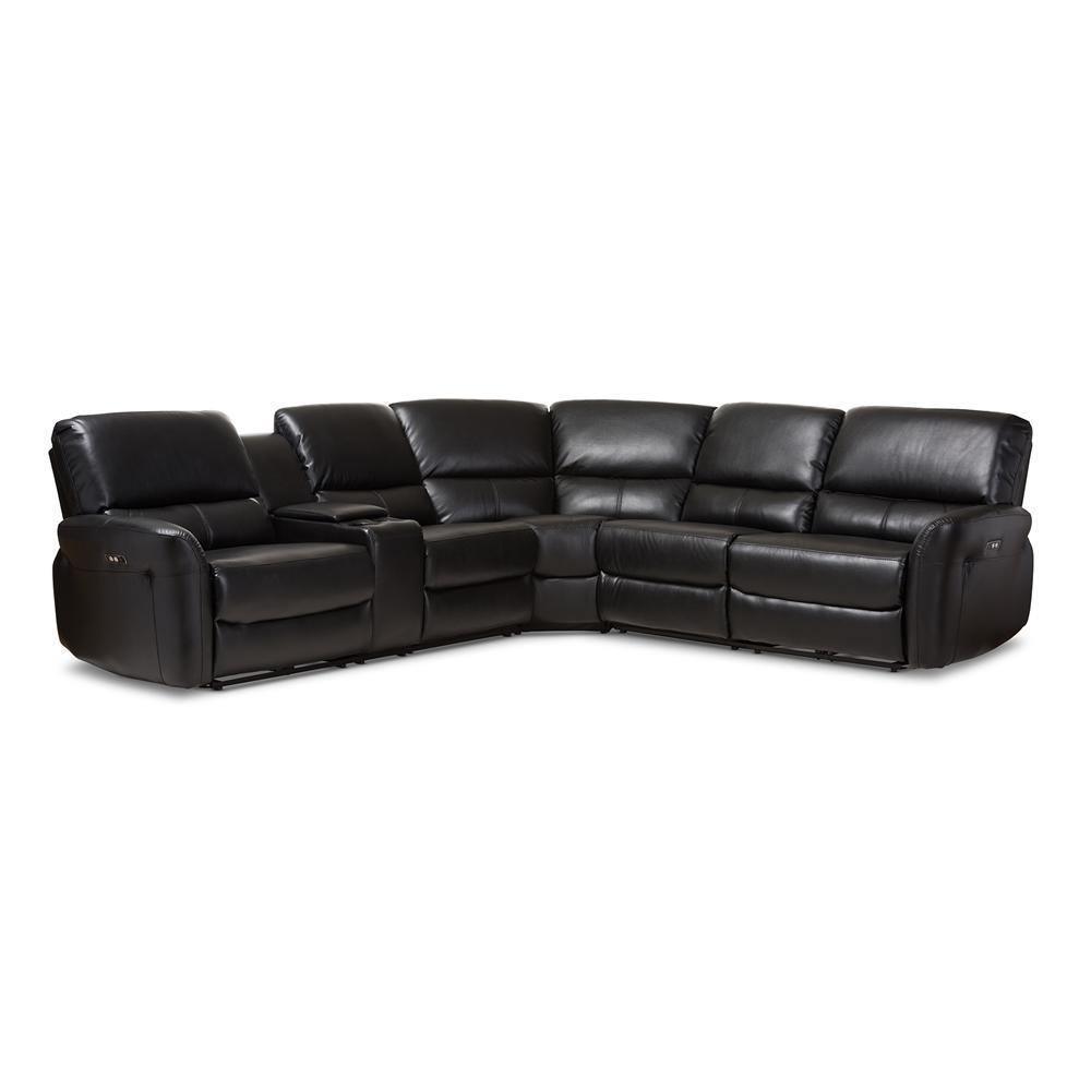 Amaris Modern and Contemporary Black Bonded Leather 5-Piece Power Reclining Sectional Sofa with USB Ports FredCo