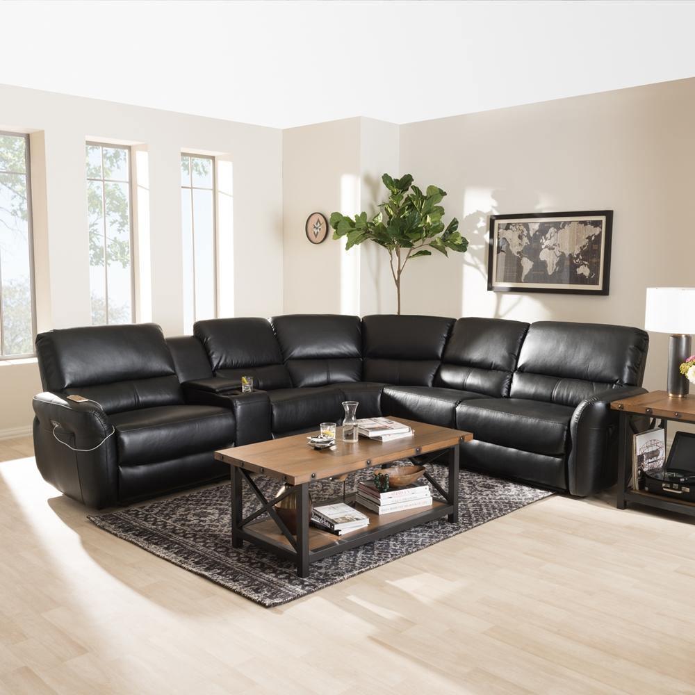 Amaris Modern and Contemporary Black Bonded Leather 5-Piece Power Reclining Sectional Sofa with USB Ports FredCo
