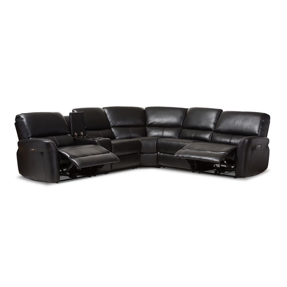 Amaris Modern and Contemporary Black Bonded Leather 5-Piece Power Reclining Sectional Sofa with USB Ports FredCo