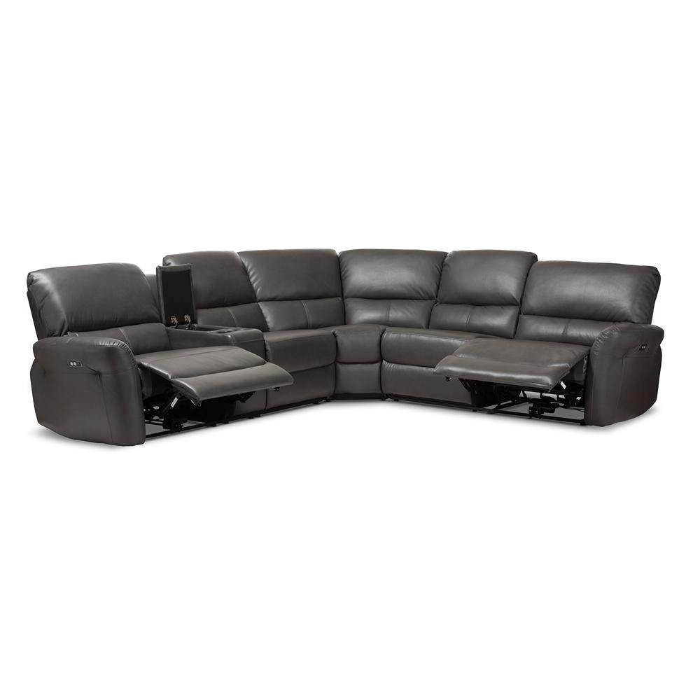 Amaris Modern and Contemporary Grey Bonded Leather 5-Piece Power Reclining Sectional Sofa with USB Ports FredCo