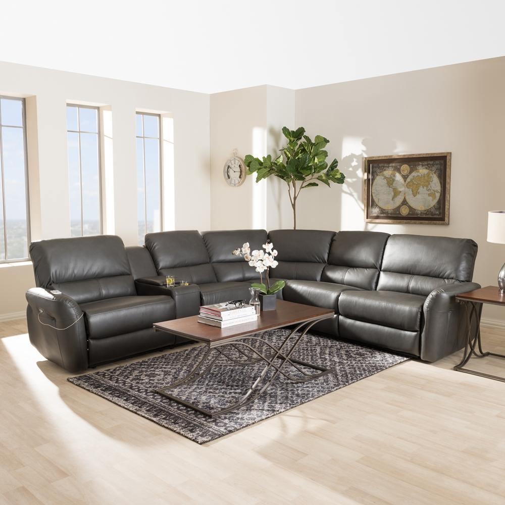 Amaris Modern and Contemporary Grey Bonded Leather 5-Piece Power Reclining Sectional Sofa with USB Ports FredCo