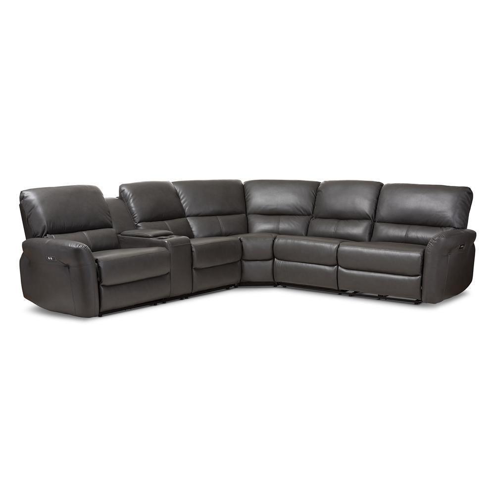 Amaris Modern and Contemporary Grey Bonded Leather 5-Piece Power Reclining Sectional Sofa with USB Ports FredCo