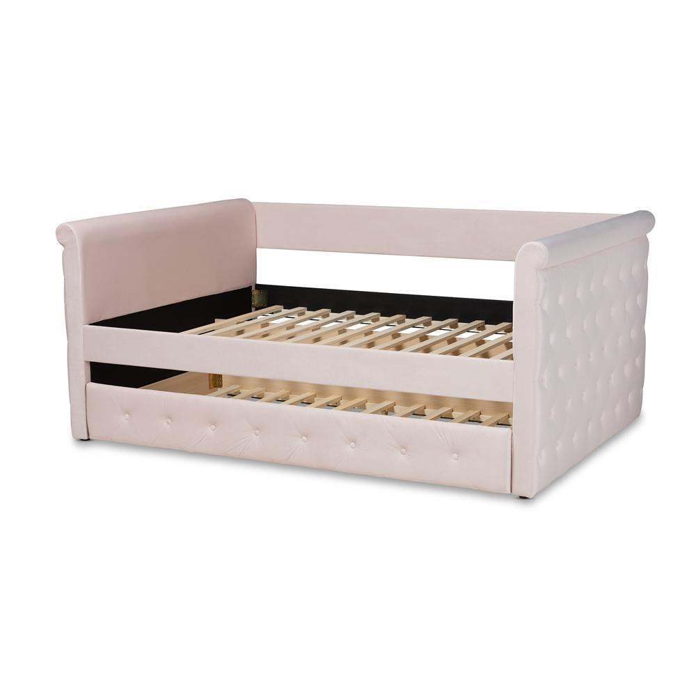 Amaya Modern and Contemporary Light Pink Velvet Fabric Upholstered Full Size Daybed with Trundle FredCo