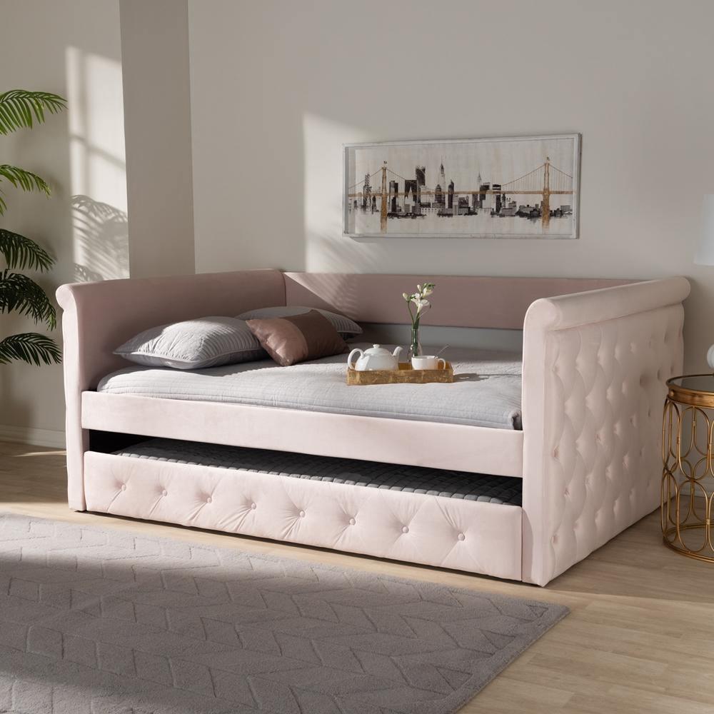 Amaya Modern and Contemporary Light Pink Velvet Fabric Upholstered Full Size Daybed with Trundle FredCo