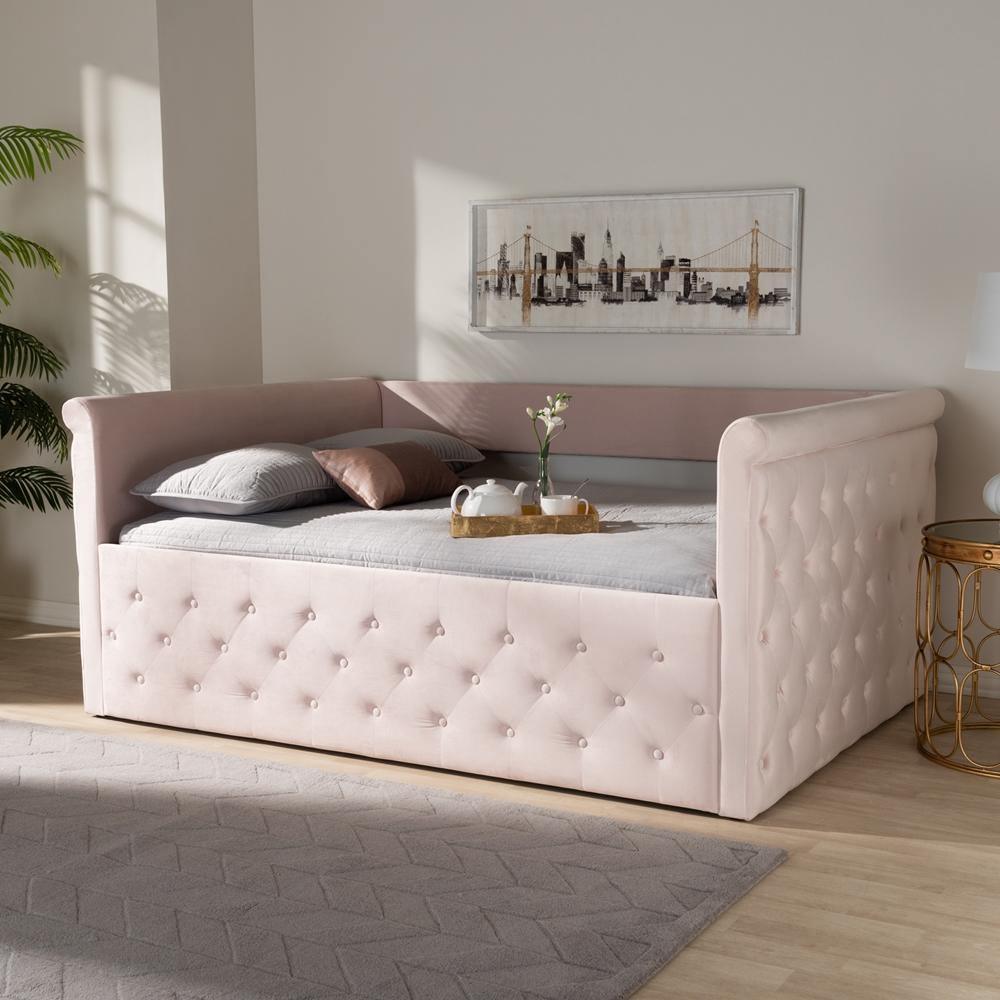 Amaya Modern and Contemporary Light Pink Velvet Fabric Upholstered Queen Size Daybed FredCo