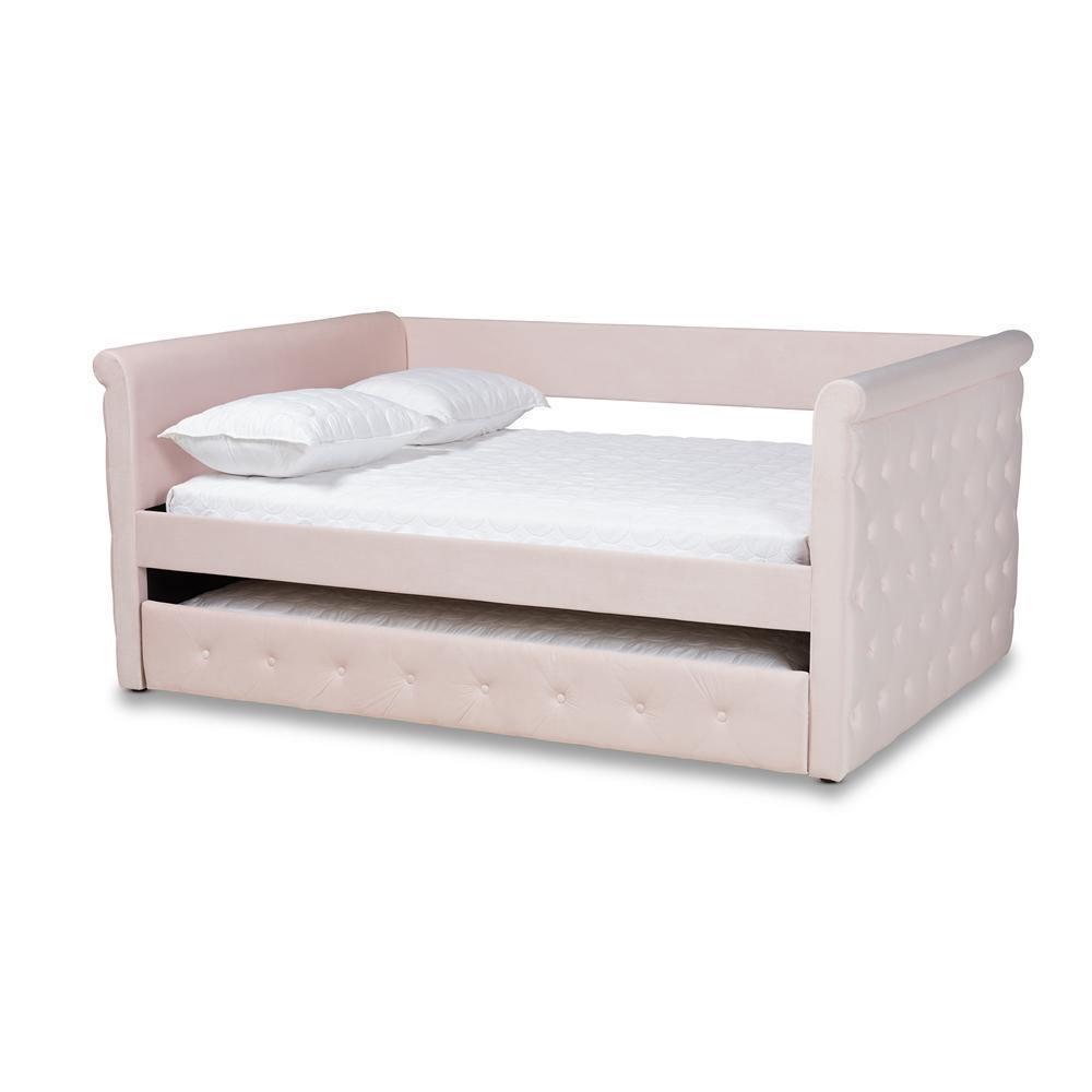 Amaya Modern and Contemporary Light Pink Velvet Fabric Upholstered Queen Size Daybed with Trundle FredCo