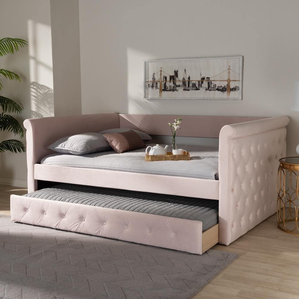 Amaya Modern and Contemporary Light Pink Velvet Fabric Upholstered Queen Size Daybed with Trundle FredCo