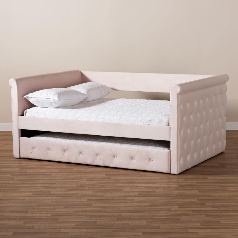 Amaya Modern and Contemporary Light Pink Velvet Fabric Upholstered Queen Size Daybed with Trundle FredCo