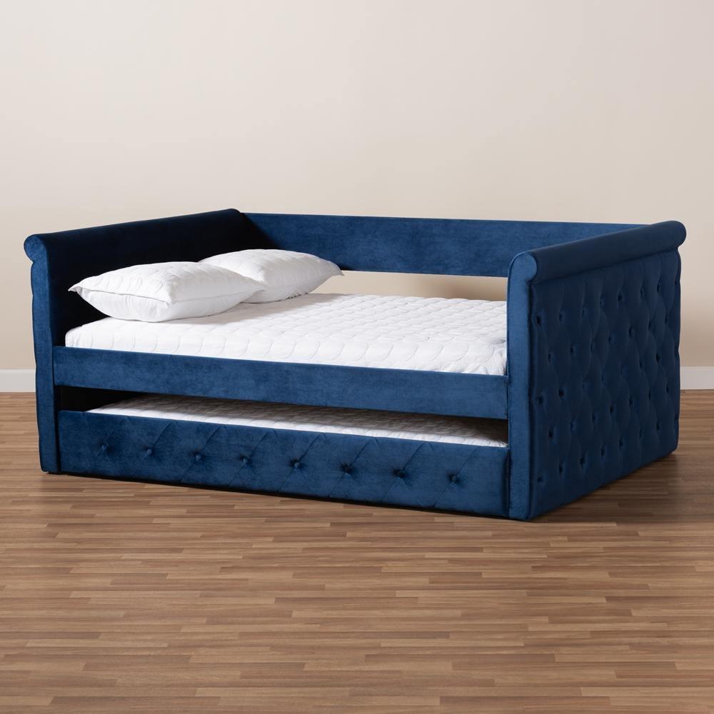 Amaya Modern and Contemporary Navy Blue Velvet Fabric Upholstered Full Size Daybed with Trundle FredCo