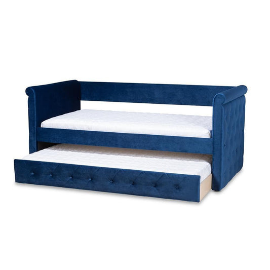 Amaya Modern and Contemporary Navy Blue Velvet Fabric Upholstered Twin Size Daybed with Trundle FredCo