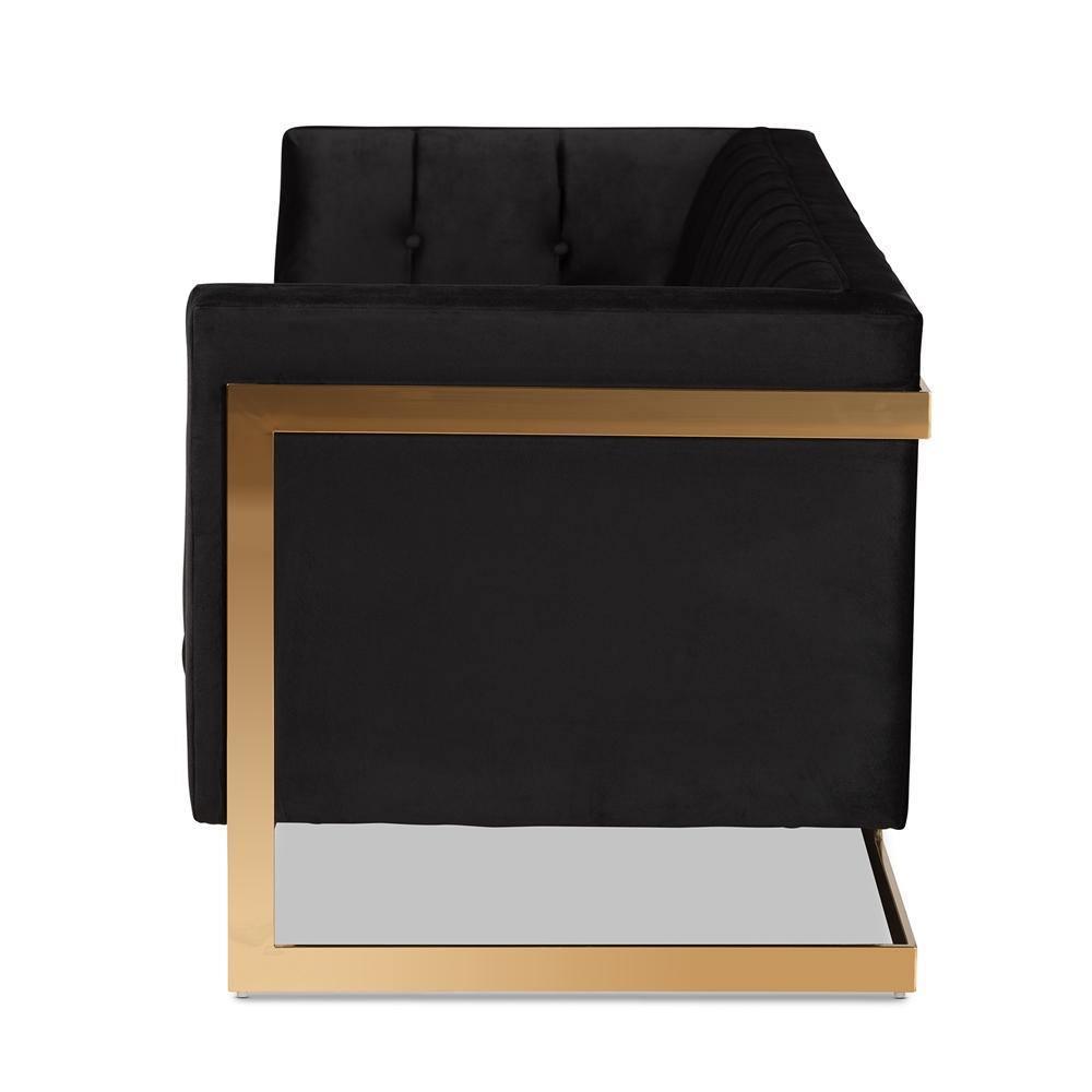 Ambra Glam and Luxe Black Velvet Upholstered and Button Tufted Sofa with Gold-Tone Frame FredCo