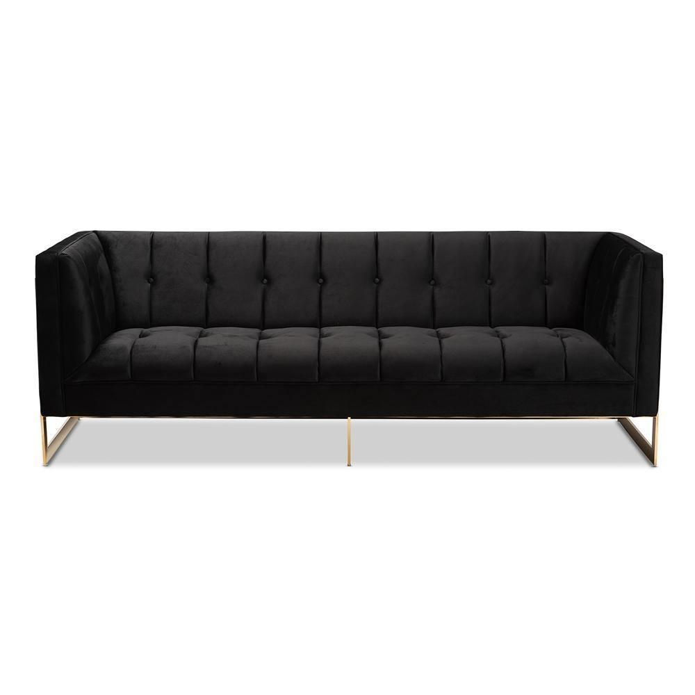 Ambra Glam and Luxe Black Velvet Upholstered and Button Tufted Sofa with Gold-Tone Frame FredCo