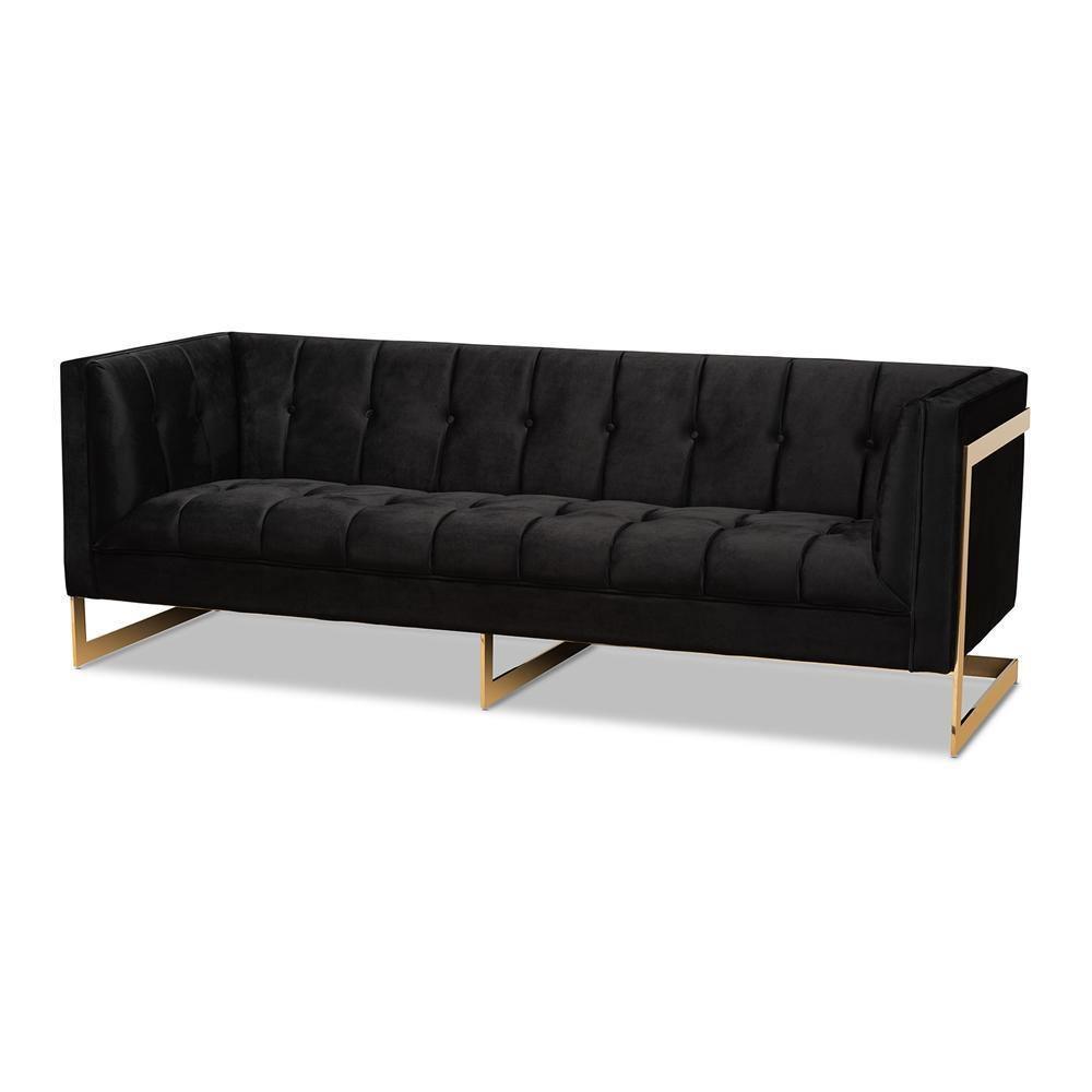 Ambra Glam and Luxe Black Velvet Upholstered and Button Tufted Sofa with Gold-Tone Frame FredCo