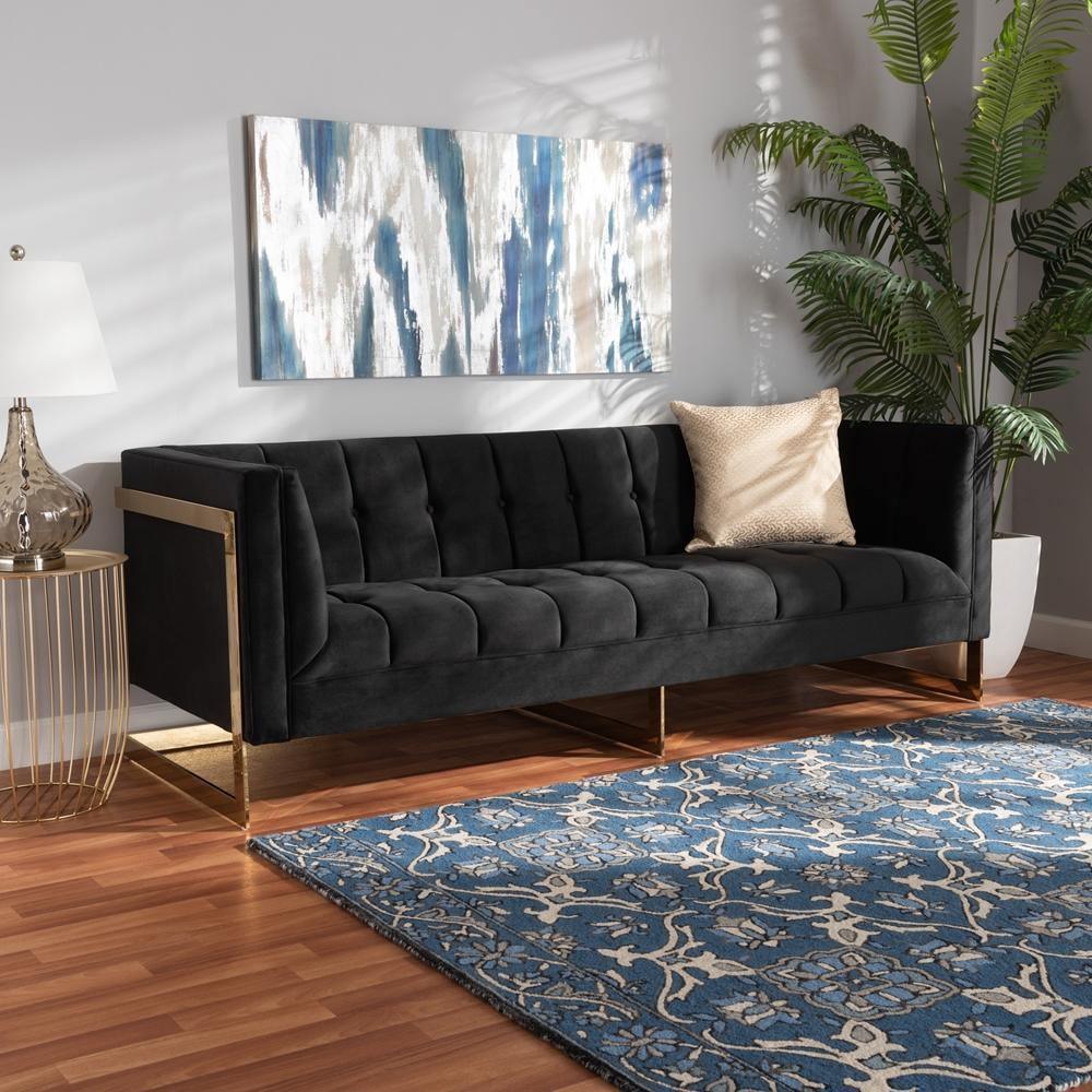 Ambra Glam and Luxe Black Velvet Upholstered and Button Tufted Sofa with Gold-Tone Frame FredCo