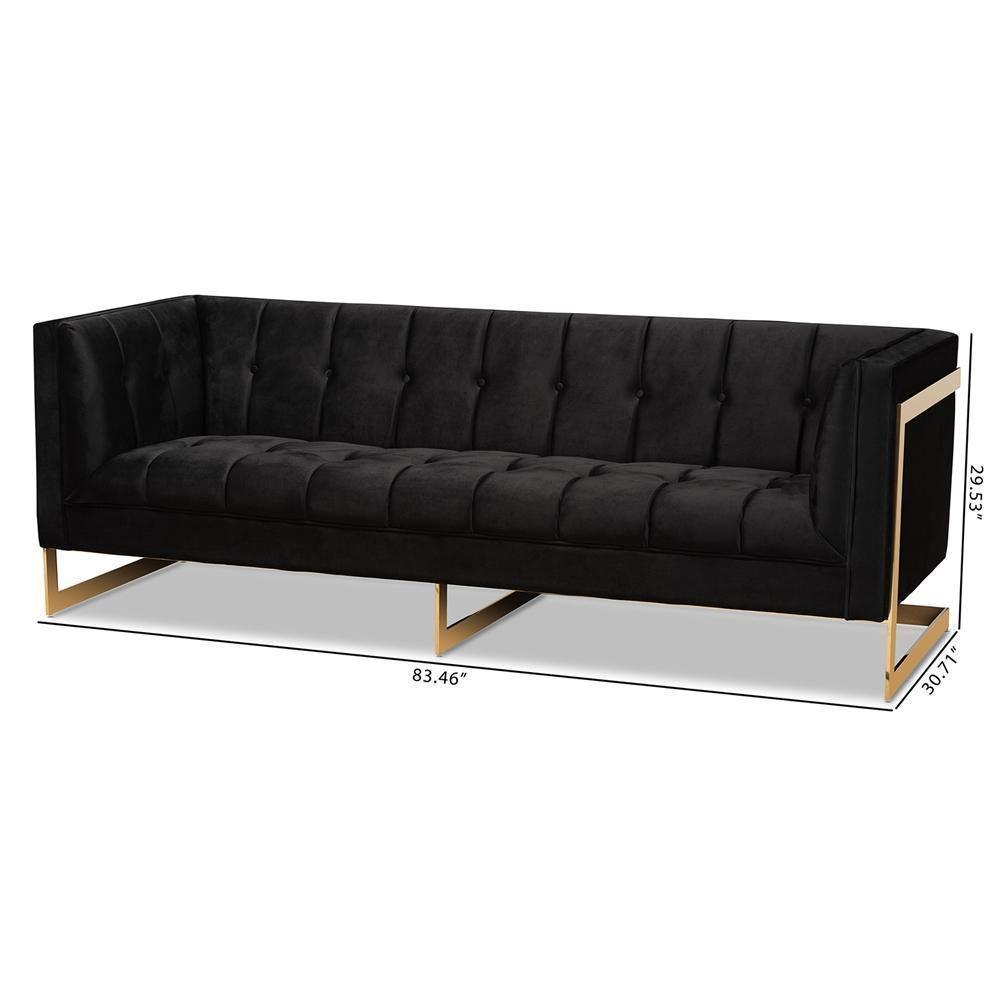 Ambra Glam and Luxe Black Velvet Upholstered and Button Tufted Sofa with Gold-Tone Frame FredCo