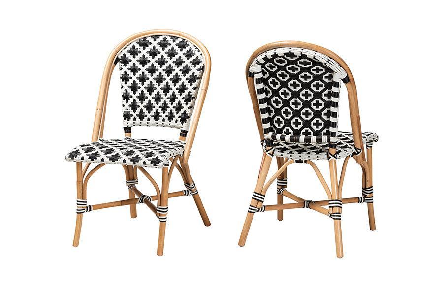 Ambre Modern French Black and White Weaving Natural Rattan 2-Piece Bistro Chair Set FredCo