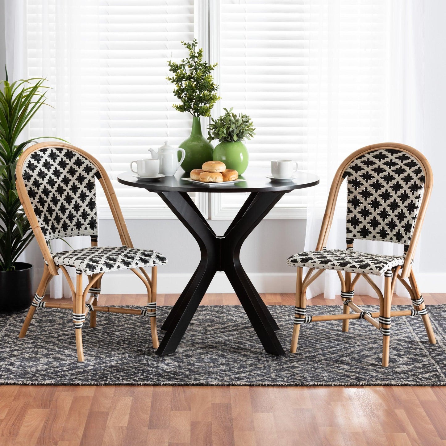 Ambre Modern French Black and White Weaving Natural Rattan 2-Piece Bistro Chair Set FredCo