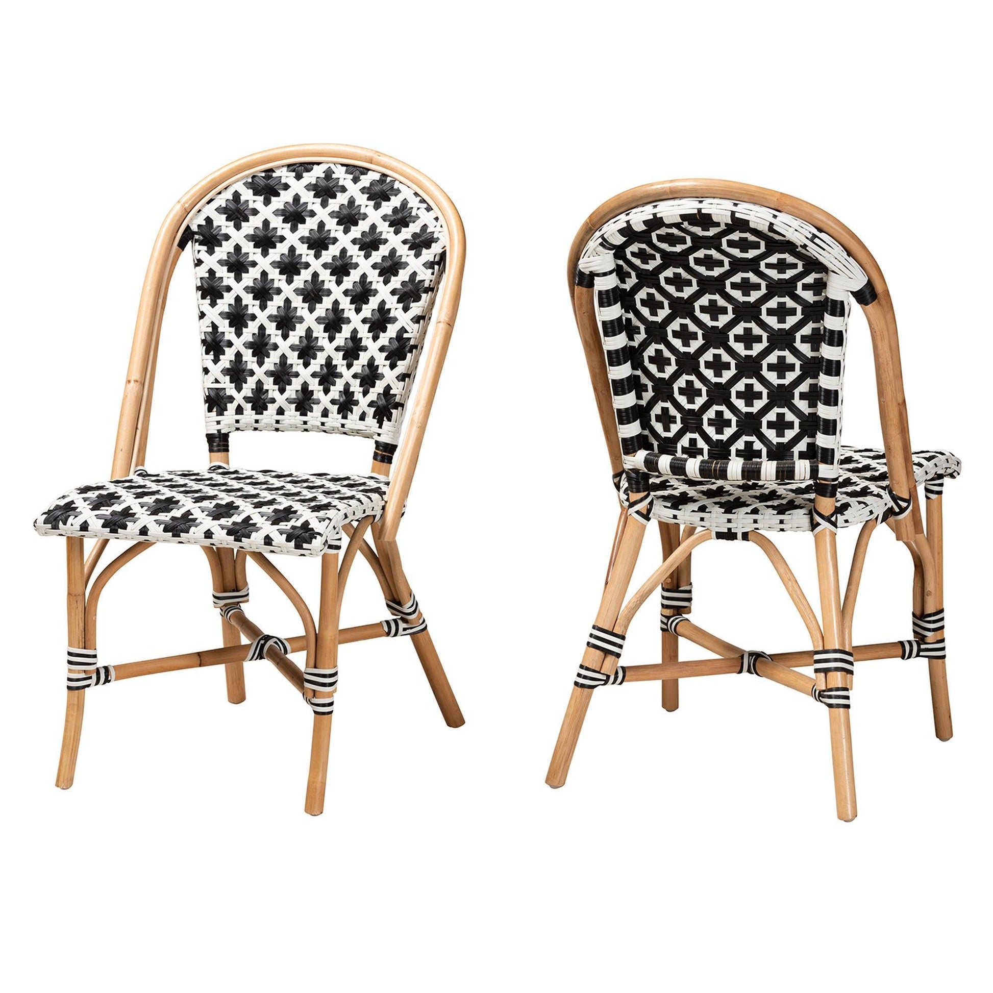 Ambre Modern French Black and White Weaving Natural Rattan 2-Piece Bistro Chair Set FredCo