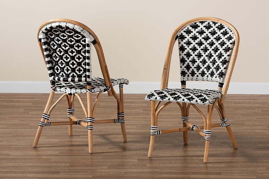 Ambre Modern French Black and White Weaving Natural Rattan 2-Piece Bistro Chair Set FredCo