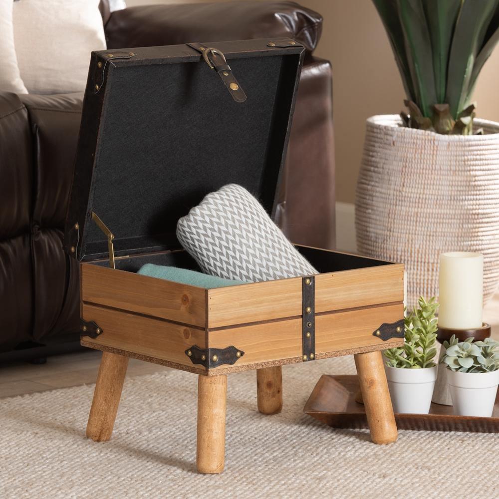 Amena Rustic Transitional Dark Brown PU Leather Upholstered and Oak Finished Wood Small Storage Ottoman FredCo