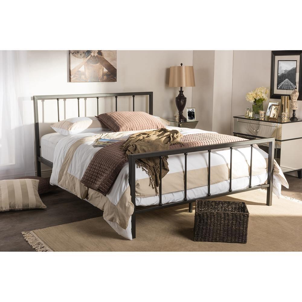 Amy Modern and Contemporary Antique Dark Bronze Queen Size Iron Metal Platform Bed FredCo