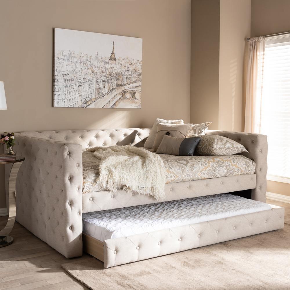 Anabella Modern and Contemporary Light Beige Fabric Upholstered Queen Size Daybed with Trundle FredCo