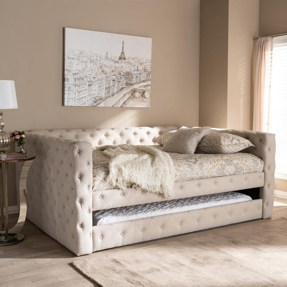 Anabella Modern and Contemporary Light Beige Fabric Upholstered Queen Size Daybed with Trundle FredCo