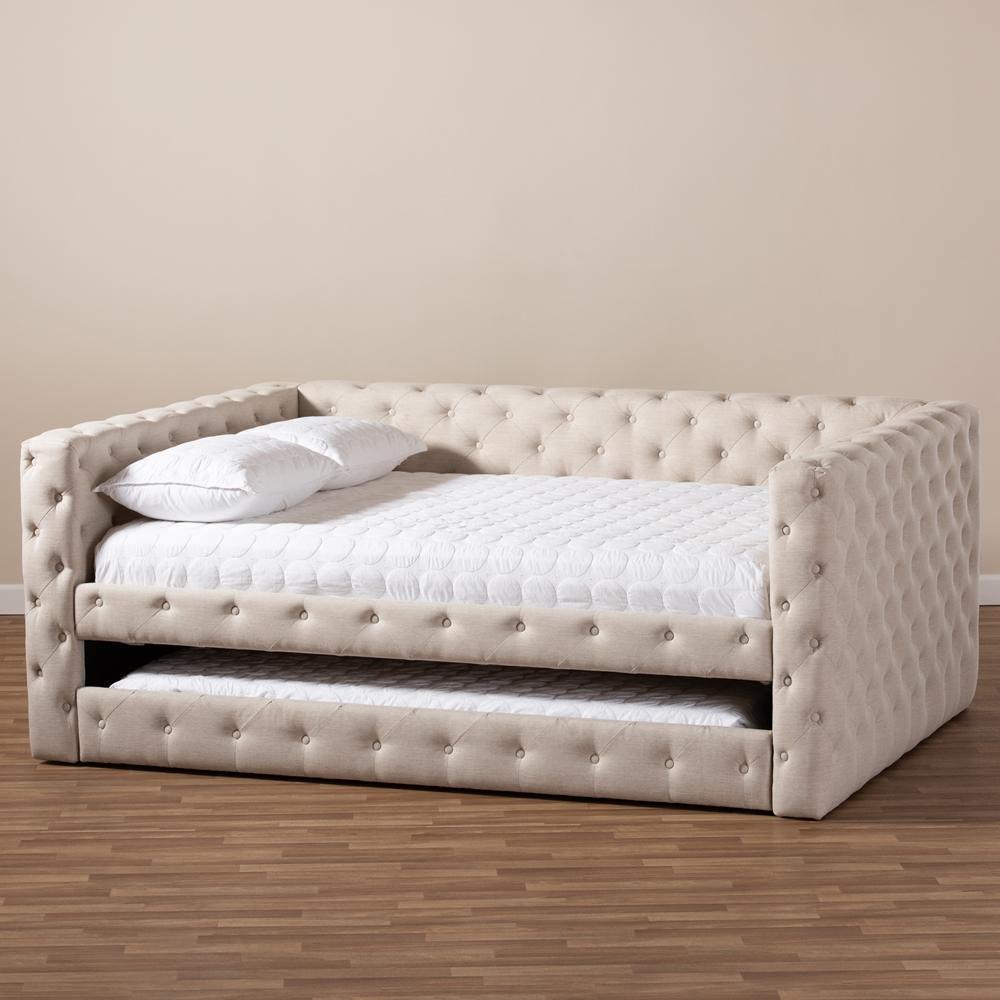 Anabella Modern and Contemporary Light Beige Fabric Upholstered Queen Size Daybed with Trundle FredCo