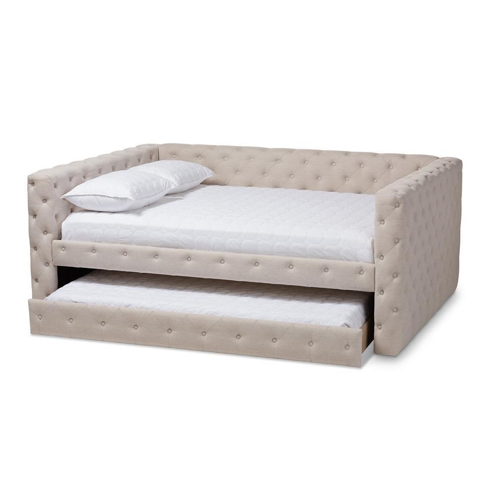 Anabella Modern and Contemporary Light Beige Fabric Upholstered Queen Size Daybed with Trundle FredCo