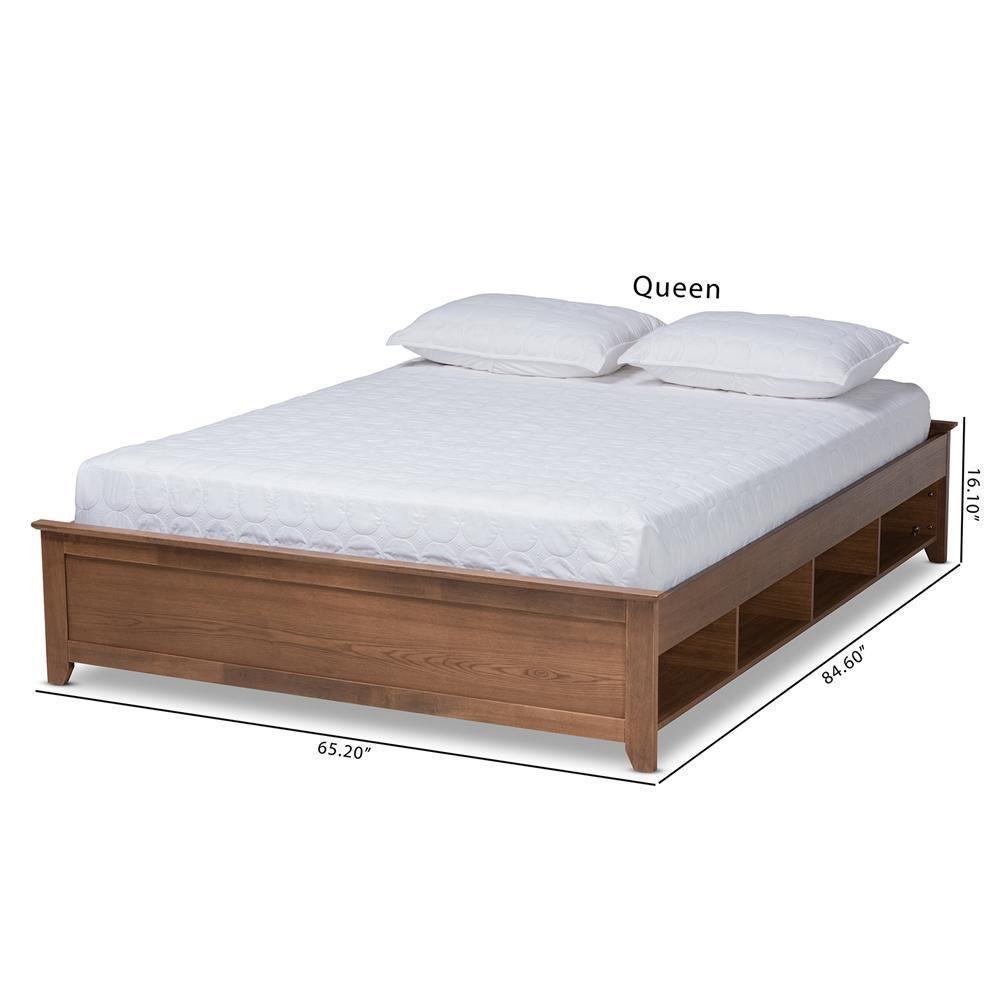 Anders Traditional and Rustic Ash Walnut Brown Finished Wood Queen Size Platform Storage Bed Frame with Built-In Shelves FredCo