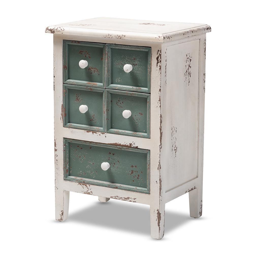 Angeline Antique French Country Cottage Distressed White and Teal Finished Wood 5-Drawer Storage Cabinet FredCo