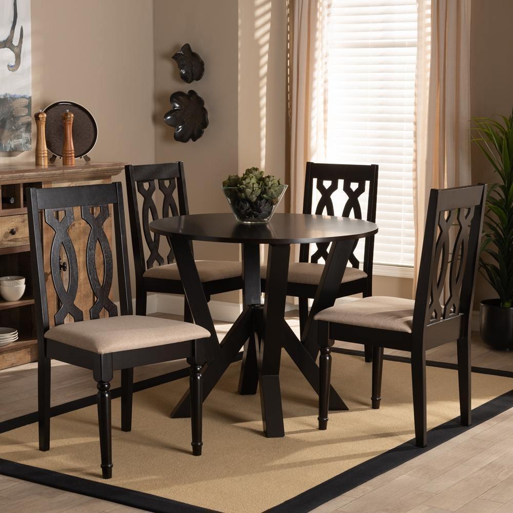 Anise Modern and Contemporary Sand Fabric Upholstered and Dark Brown Finished Wood 5-Piece Dining Set FredCo