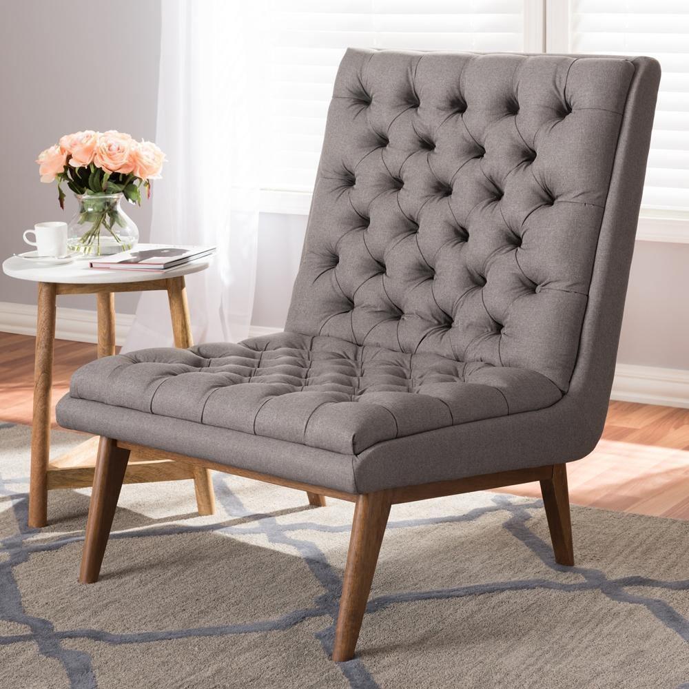 Annetha Mid-Century Modern Grey Fabric Upholstered Walnut Finished Wood Lounge Chair FredCo