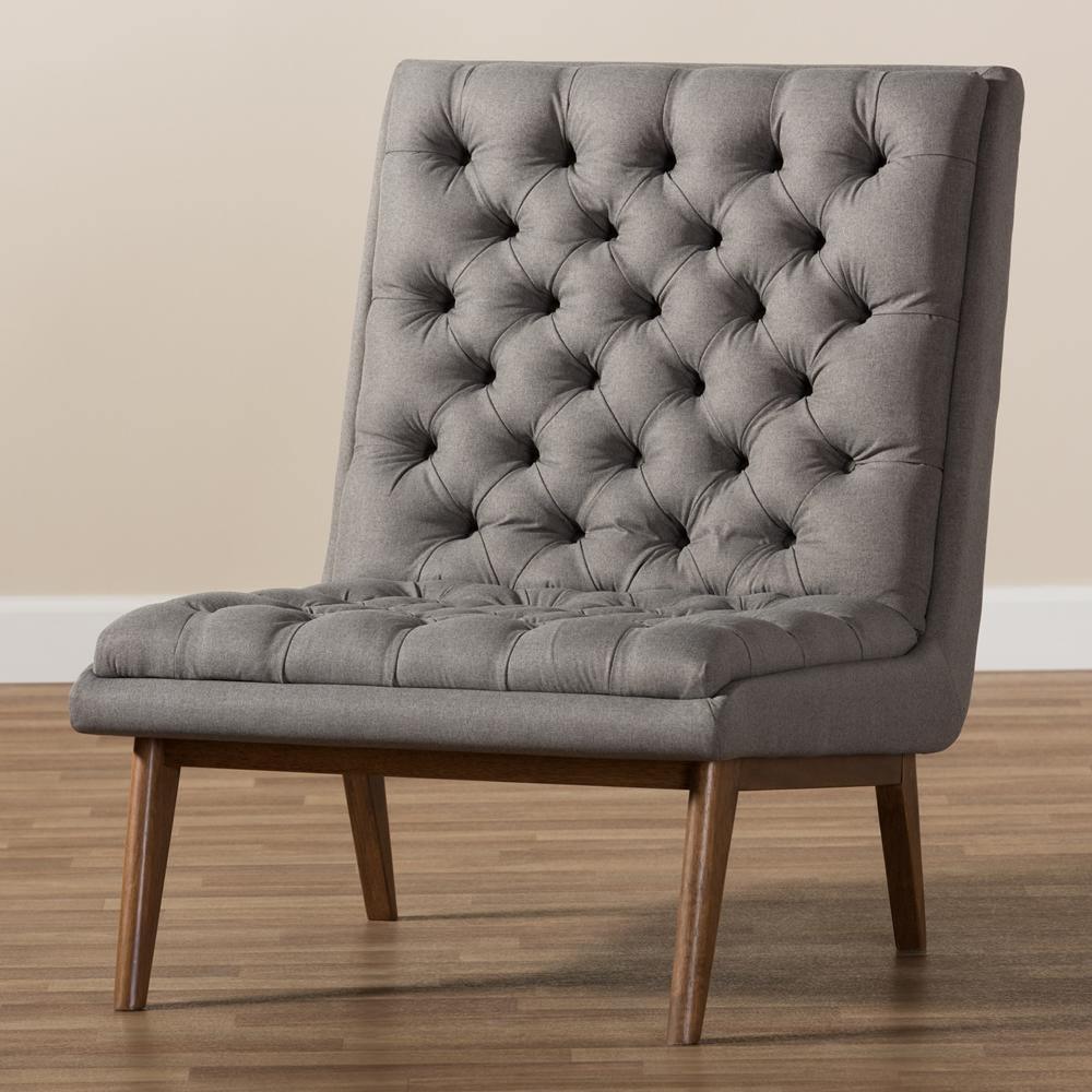 Annetha Mid-Century Modern Grey Fabric Upholstered Walnut Finished Wood Lounge Chair FredCo