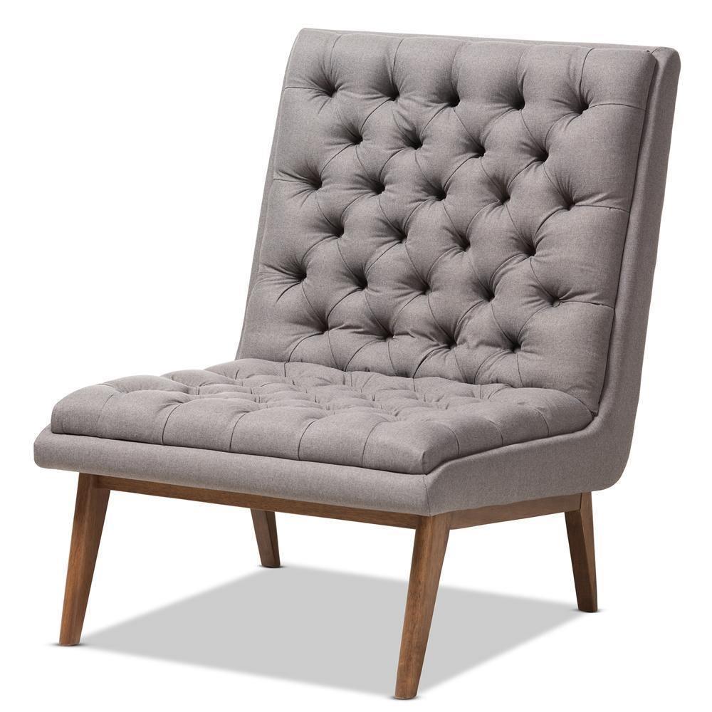 Annetha Mid-Century Modern Grey Fabric Upholstered Walnut Finished Wood Lounge Chair FredCo