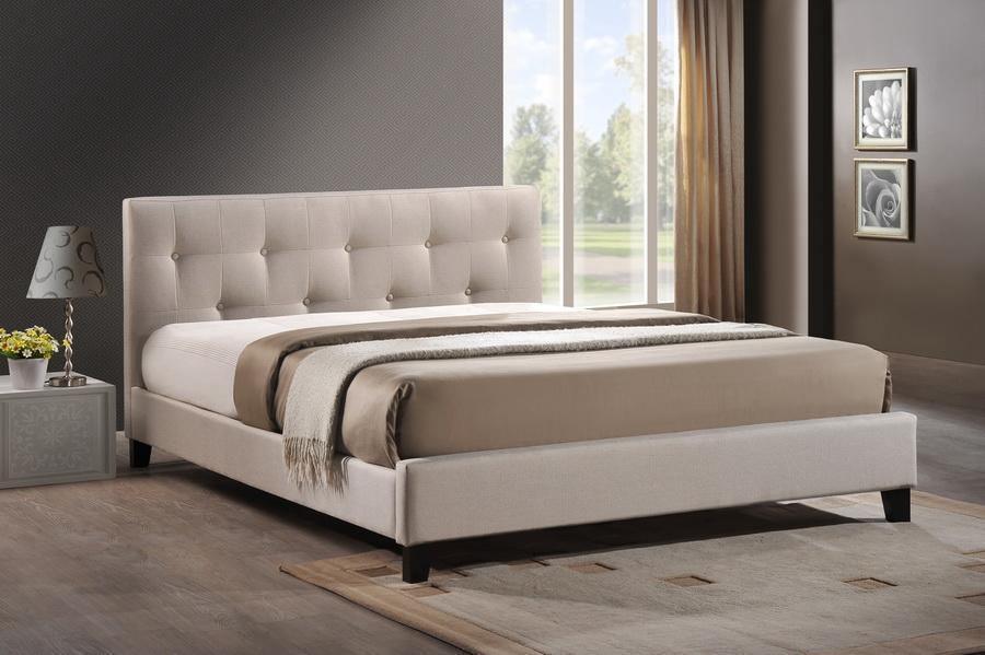 Annette Light Beige Linen Modern Bed with Upholstered Headboard - Queen Size FredCo