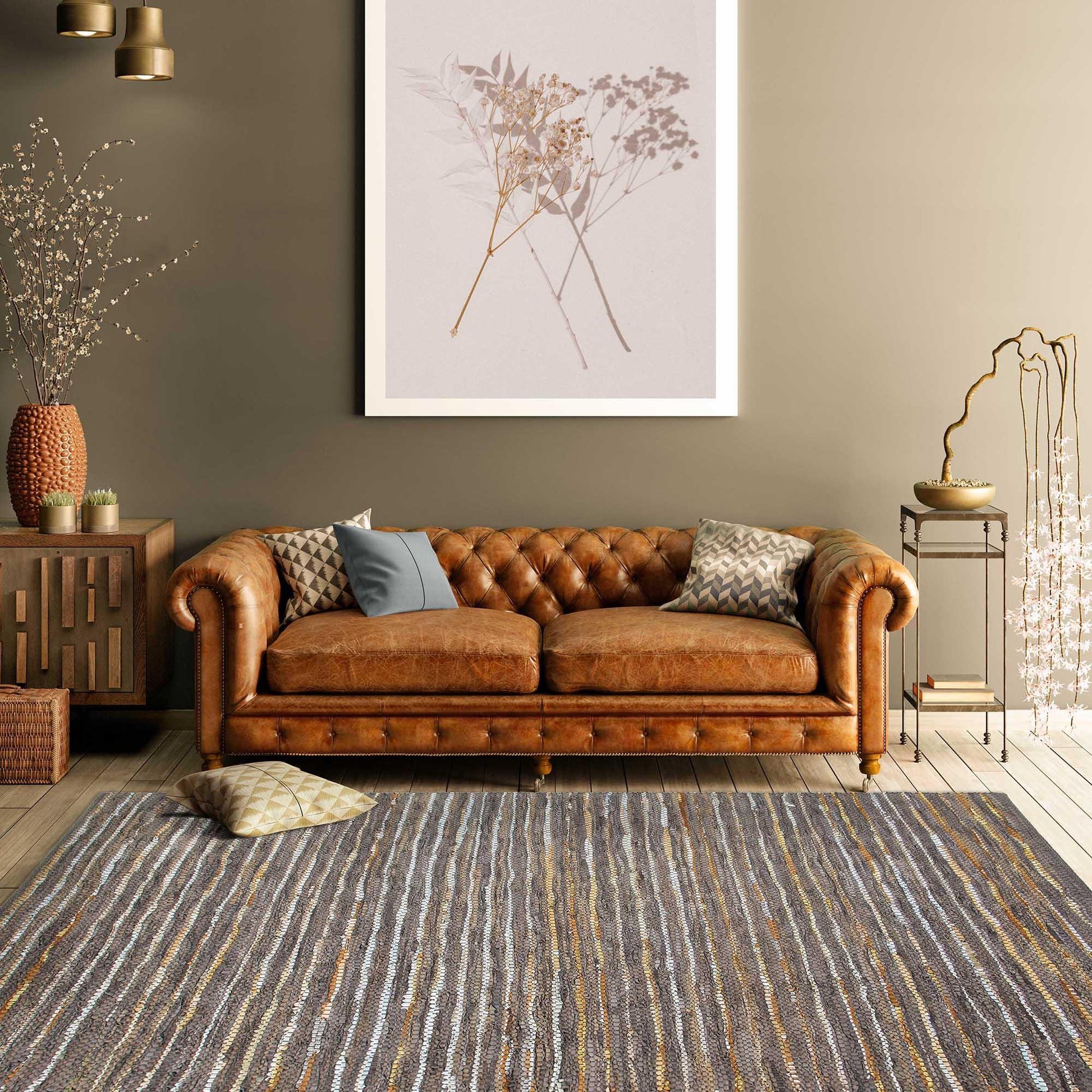Ansley Handcrafted Leather Modern Metallic Stripe Rug FredCo