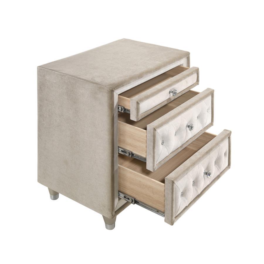Antonella 3-drawer Upholstered Nightstand Ivory and Camel 223522 Coaster FredCo