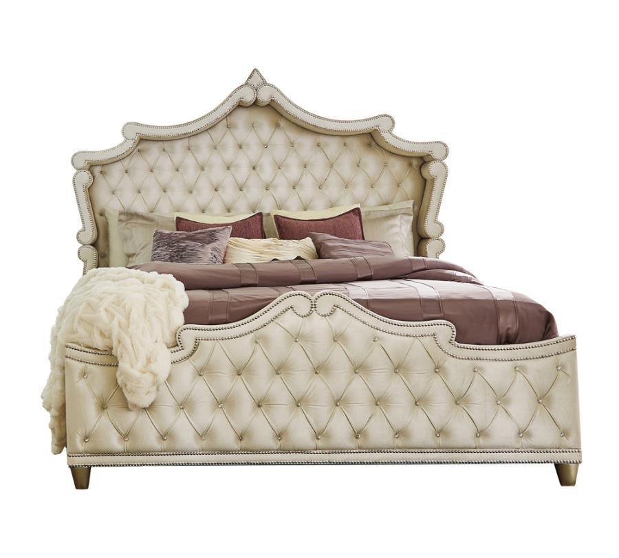 Antonella Upholstered Cali King Tufted Bedroom Set Ivory and Camel Coaster, 4 Piece FredCo