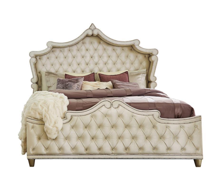 Antonella Upholstered King Tufted Bedroom Set Ivory and Camel Coaster, 4 Piece FredCo