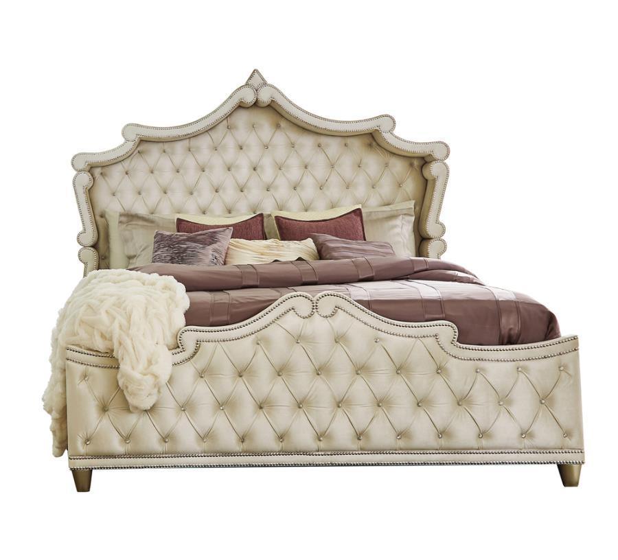 Antonella Upholstered Tufted King Bedroom Set Ivory and Camel Coaster FredCo
