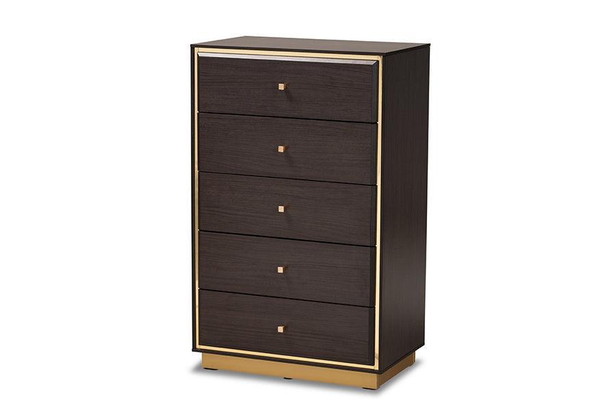 Arcelia Contemporary Glam and Luxe Two-Tone Dark Brown and Gold Finished Wood Queen Size 5-Piece Bedroom Set FredCo