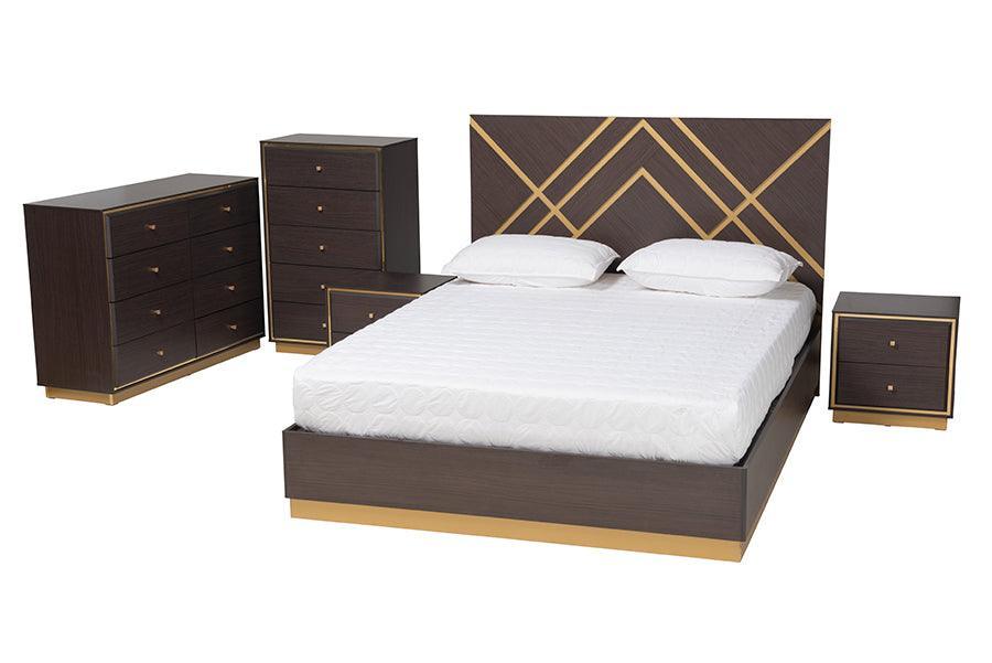 Arcelia Contemporary Glam and Luxe Two-Tone Dark Brown and Gold Finished Wood Queen Size 5-Piece Bedroom Set FredCo