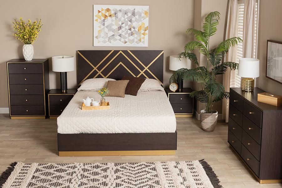 Arcelia Contemporary Glam and Luxe Two-Tone Dark Brown and Gold Finished Wood Queen Size 5-Piece Bedroom Set FredCo