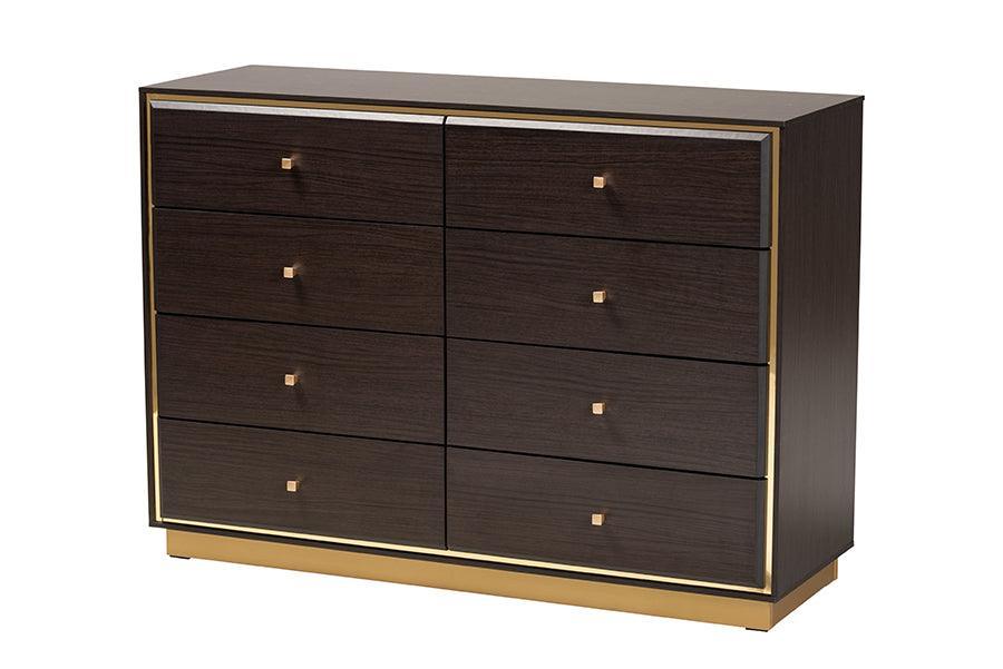 Arcelia Contemporary Glam and Luxe Two-Tone Dark Brown and Gold Finished Wood Queen Size 5-Piece Bedroom Set FredCo