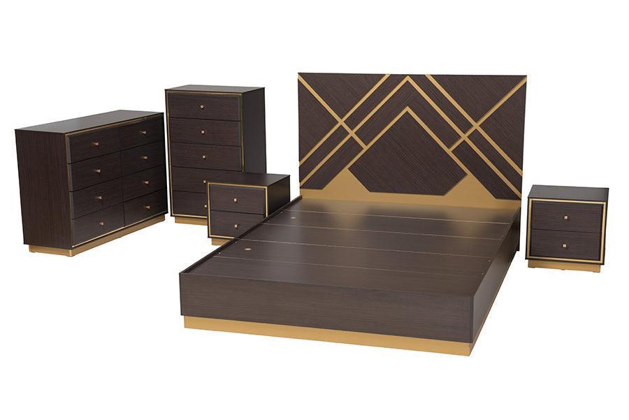 Arcelia Contemporary Glam and Luxe Two-Tone Dark Brown and Gold Finished Wood Queen Size 5-Piece Bedroom Set FredCo