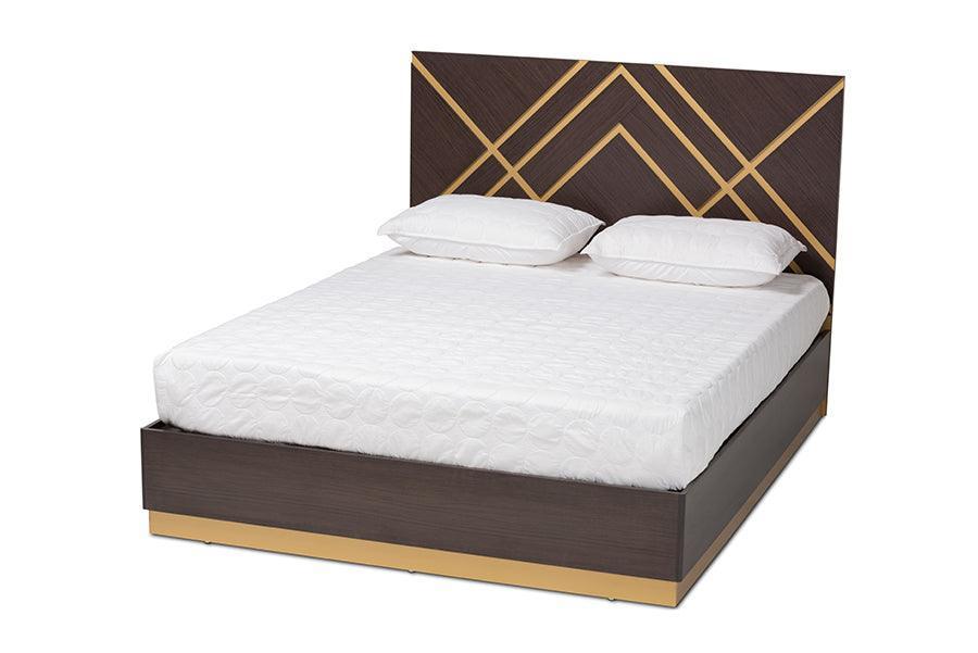 Arcelia Contemporary Glam and Luxe Two-Tone Dark Brown and Gold Finished Wood Queen Size Platform Bed FredCo