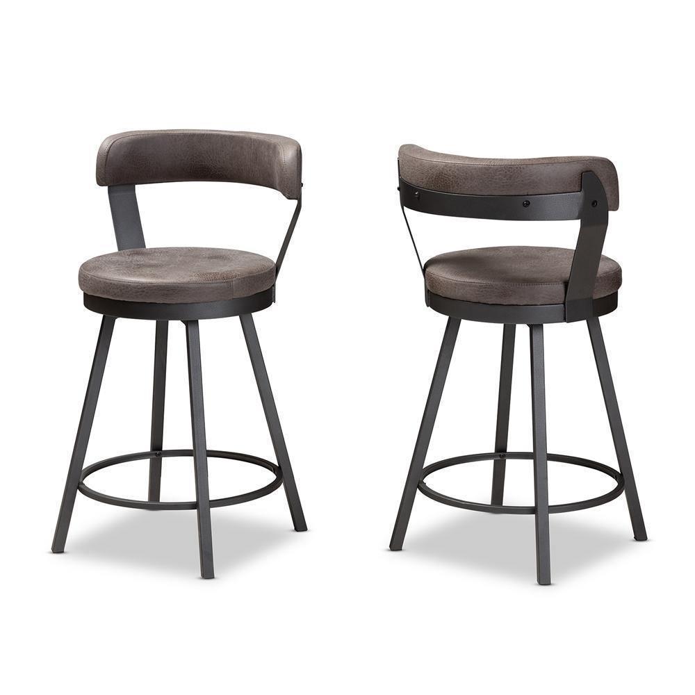 Arcene Rustic and Industrial Grey Faux Leather Upholstered Pub Stool Set of 2 FredCo
