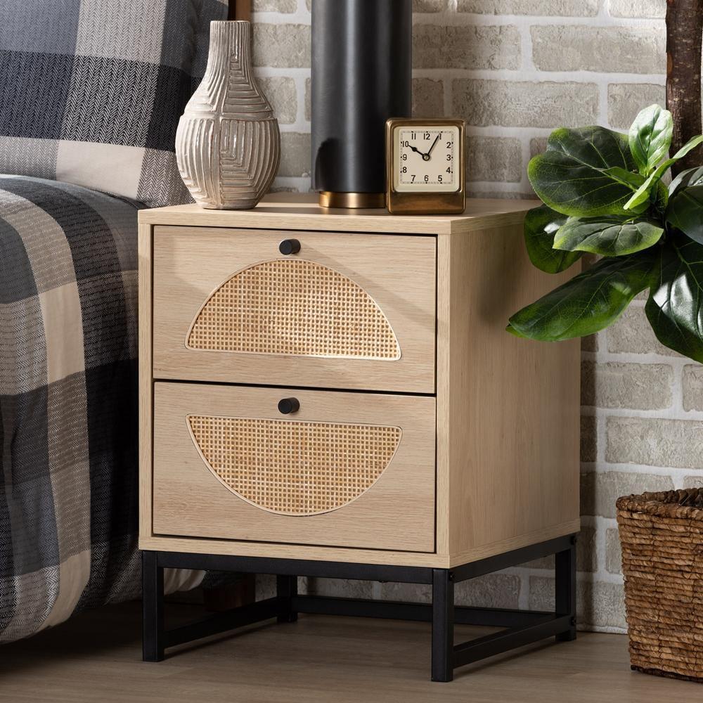 Ardon Bohemian Light Brown Finished Wood and Black Metal 1-Drawer Nightstand with Natural Rattan FredCo